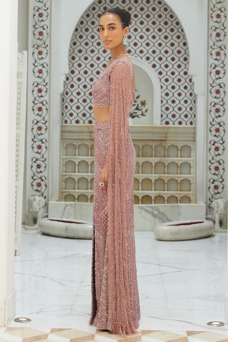 Nitika Gujral_Pink Silk, Net Sequins, Beads, Crystals V-neck Fishtail Embroidered Lehenga Set _Online_at_Aza_Fashions