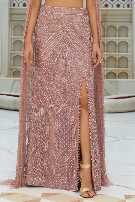 Buy_Nitika Gujral_Pink Silk, Net Sequins, Beads, Crystals V-neck Fishtail Embroidered Lehenga Set _Online_at_Aza_Fashions