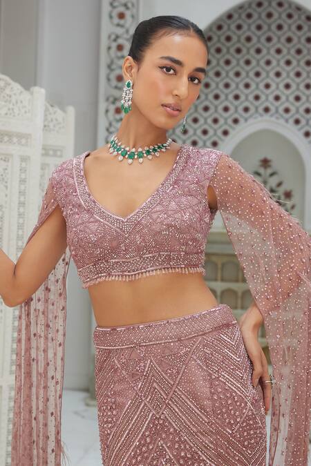 Shop_Nitika Gujral_Pink Silk, Net Sequins, Beads, Crystals V-neck Fishtail Embroidered Lehenga Set _Online_at_Aza_Fashions
