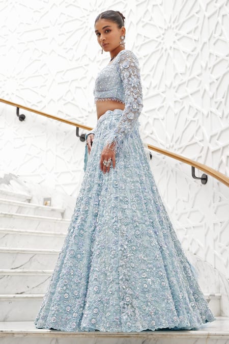Nitika Gujral_Blue Net, Satin Sequins, Beads, Floral Pattern And Beadwork Bridal Lehenga Set _Online_at_Aza_Fashions