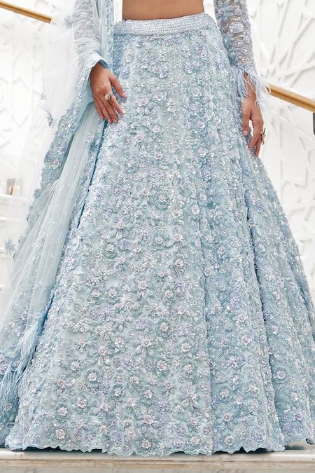 Buy_Nitika Gujral_Blue Net, Satin Sequins, Beads, Floral Pattern And Beadwork Bridal Lehenga Set _Online_at_Aza_Fashions