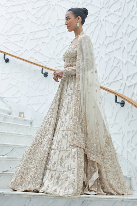 Buy_Nitika Gujral_Off White Organza, Satin Sequins, Crystals, Beads Embroidered Bridal Lehenga Set _Online_at_Aza_Fashions
