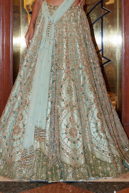 Nitika Gujral_Green Net, Satin Sequins, Crystals, Floral Bloom Embroidered Bridal Lehenga Set _Online_at_Aza_Fashions