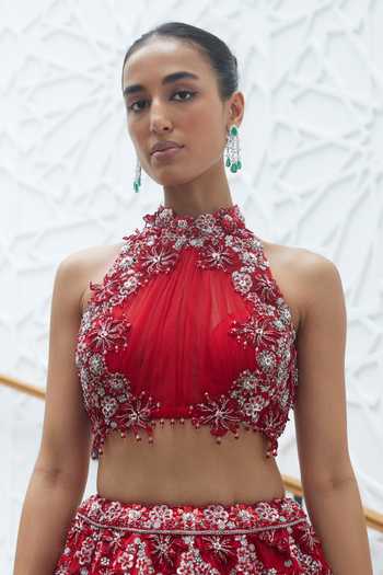 Shop Nitika Gujral Red Silk, Organza Sequins, 3d Rafflesia Bloom Embellished Bridal Lehenga Set Online at Aza Fashions Shop_Nitika Gujral_Red Silk, Organza Sequins, 3d Rafflesia Bloom Embellished Bridal Lehenga Set _Online_at_Aza_Fashions