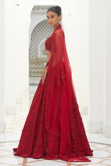 Nitika Gujral_Red Silk, Organza Beads, Sequins, Carnation Flora Embroidered Bridal Lehenga Set _Online_at_Aza_Fashions