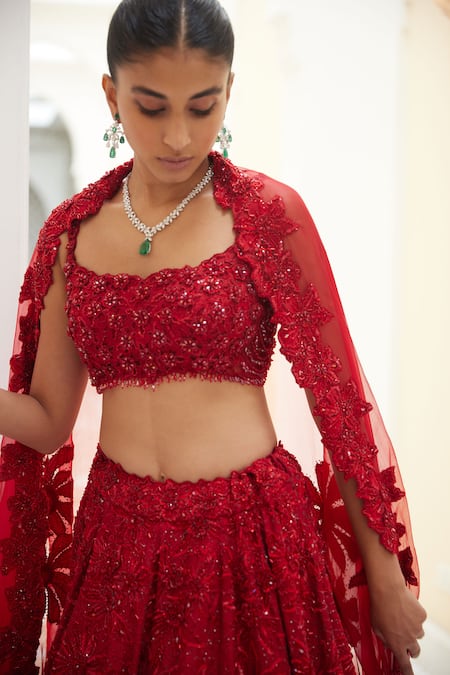 Buy_Nitika Gujral_Red Silk, Organza Beads, Sequins, Carnation Flora Embroidered Bridal Lehenga Set _Online_at_Aza_Fashions
