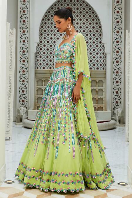 Nitika Gujral_Multi Color Organza, Net Beads, Embroidery Resham Patra Work Lehenga Cape Set _Online_at_Aza_Fashions