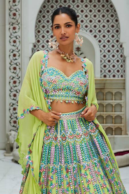 Buy_Nitika Gujral_Multi Color Organza, Net Beads, Embroidery Resham Patra Work Lehenga Cape Set _Online_at_Aza_Fashions