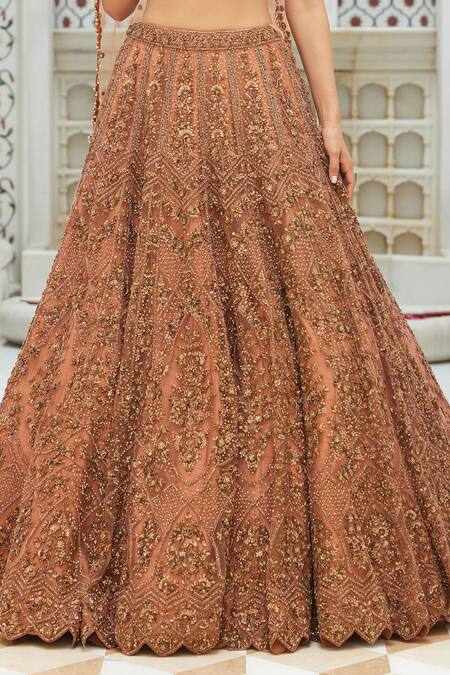 Nitika Gujral_Brown Net, Silk Sequins, Crystals, Mughal Flora Embroidered Bridal Lehenga Set _Online_at_Aza_Fashions