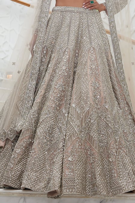 Nitika Gujral_Beige Silk, Net Sequins, Crystals Flora Bloom Embroidered Bridal Lehenga Set _Online_at_Aza_Fashions