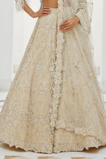 Nitika Gujral_Ivory Satin, Net Sequins, Crystals, Lily Bloom Embroidered Bridal Lehenga Set _Online_at_Aza_Fashions