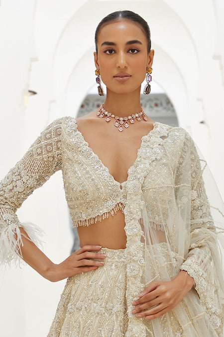 Nitika Gujral_Ivory Satin, Net Sequins, Crystals, Lily Bloom Embroidered Bridal Lehenga Set _at_Aza_Fashions
