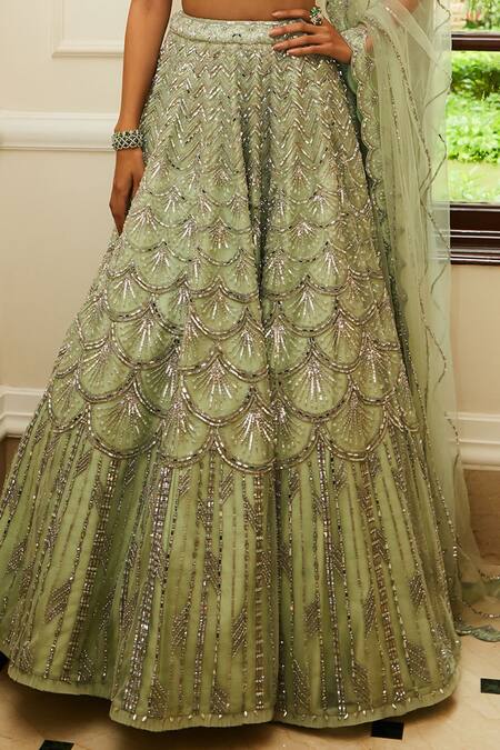 Nitika Gujral_Green Net, Silk Sequins, Crystals, Tassels Mint Scallop Embroidered Lehenga Set _Online_at_Aza_Fashions