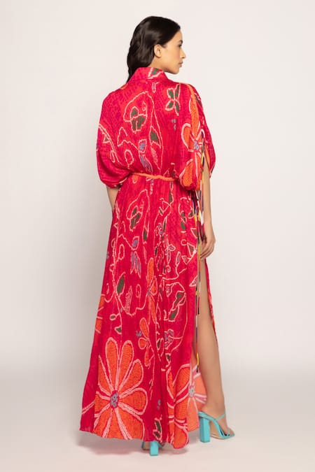 Shop_Saaksha & Kinni_Pink Cotton, Silk Embroidery V-neck Hand Micro Pleated Bandhani Print Kaftan_at_Aza_Fashions