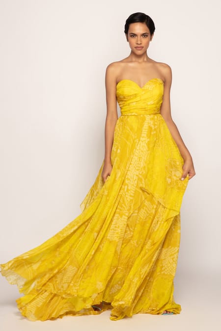 Saaksha & Kinni Yellow Chiffon Print Bandhani Sweetheart Neck Strapless Dress 