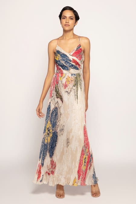 Saaksha & Kinni Ivory Chiffon Print Periwinkle V Neck Maxi Dress 