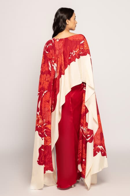 Shop_Saaksha & Kinni_Red Silk Blossom Print Cape _at_Aza_Fashions