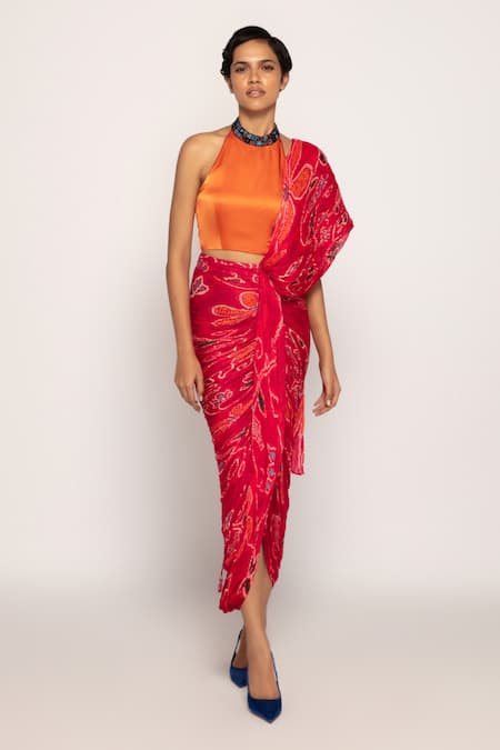 Saaksha & Kinni Red Cotton Silk Print Floral Abstract Pre Draped Saree