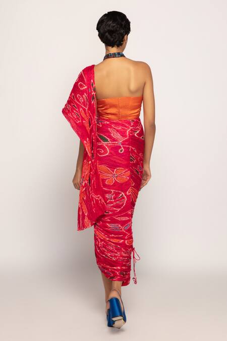 Shop_Saaksha & Kinni_Red Cotton, Silk Abstract Print Pre Draped Saree_at_Aza_Fashions