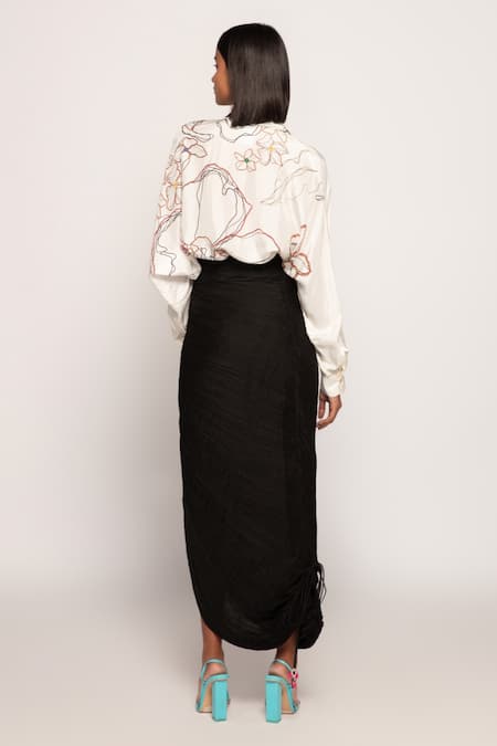 Shop_Saaksha & Kinni_Ivory Silk Embroidery Shawl Neck Botanic Print Shirt _at_Aza_Fashions