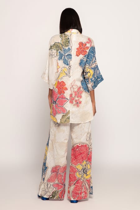 Shop_Saaksha & Kinni_Multi Color Cotton Embroidery Collared Periwinkle Bandhani Print Shirt _at_Aza_Fashions