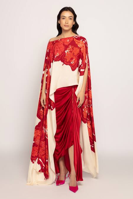 Buy_Saaksha & Kinni_Maroon Silk Draped Skirt _Online_at_Aza_Fashions