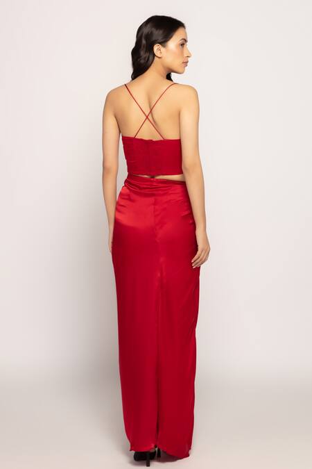 Shop_Saaksha & Kinni_Maroon Silk Draped Skirt _at_Aza_Fashions