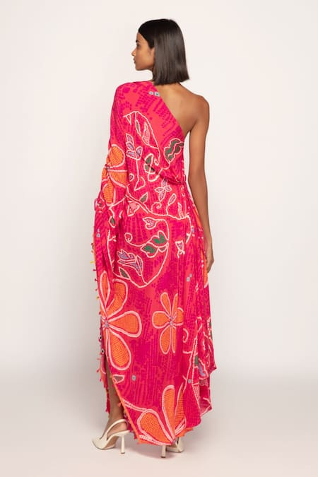 Saaksha & Kinni Marigold Bandhani Print One Shoulder Kaftan 