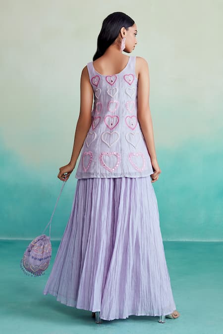 Shop The Right Cut Purple Chanderi Embroidery, Mirrors Round Dreamweave Heart Kurta And Sharara Set at Aza Fashions Shop_The Right Cut_Purple Chanderi Embroidery, Mirrors Round Dreamweave Heart Kurta And Sharara Set _at_Aza_Fashions