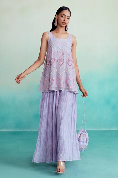 Buy The Right Cut Purple Chanderi Embroidery, Mirrors Round Dreamweave Heart Kurta And Sharara Set Online at Aza Fashions Buy_The Right Cut_Purple Chanderi Embroidery, Mirrors Round Dreamweave Heart Kurta And Sharara Set _Online_at_Aza_Fashions