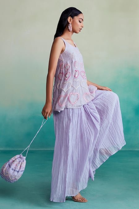 Shop The Right Cut Purple Chanderi Embroidery, Mirrors Round Dreamweave Heart Kurta And Sharara Set Online at Aza Fashions Shop_The Right Cut_Purple Chanderi Embroidery, Mirrors Round Dreamweave Heart Kurta And Sharara Set _Online_at_Aza_Fashions