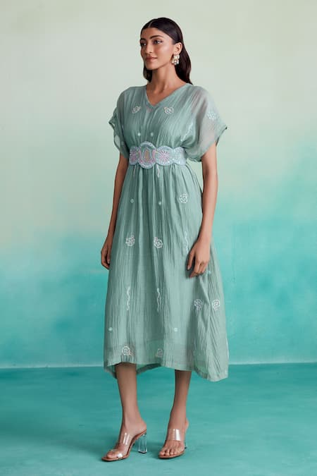 The Right Cut_Blue Chanderi Embroidery, Mirrors V-neck Aquarelle Hand Dress _Online_at_Aza_Fashions