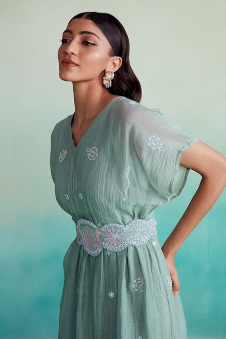 Buy_The Right Cut_Blue Chanderi Embroidery, Mirrors V-neck Aquarelle Hand Dress _Online_at_Aza_Fashions