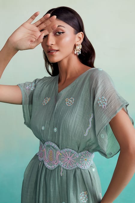 The Right Cut_Blue Chanderi Embroidery, Mirrors V-neck Aquarelle Hand Dress _at_Aza_Fashions