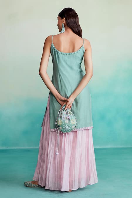 Shop The Right Cut Blue Chanderi Mirrors, Embroidery V-neck Celestial Kutchi Kurta And Skirt Set at Aza Fashions Shop_The Right Cut_Blue Chanderi Mirrors, Embroidery V-neck Celestial Kutchi Kurta And Skirt Set _at_Aza_Fashions