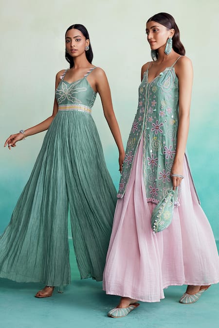 The Right Cut Blue Chanderi Mirrors, Embroidery V-neck Celestial Kutchi Kurta And Skirt Set Online at Aza Fashions The Right Cut_Blue Chanderi Mirrors, Embroidery V-neck Celestial Kutchi Kurta And Skirt Set _Online_at_Aza_Fashions