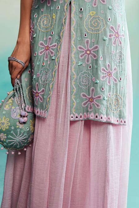 Buy The Right Cut Blue Chanderi Mirrors, Embroidery V-neck Celestial Kutchi Kurta And Skirt Set Online at Aza Fashions Buy_The Right Cut_Blue Chanderi Mirrors, Embroidery V-neck Celestial Kutchi Kurta And Skirt Set _Online_at_Aza_Fashions