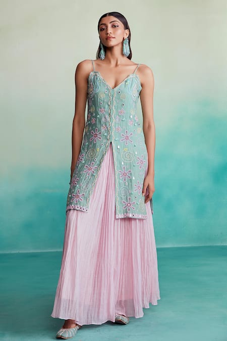 Shop The Right Cut Blue Chanderi Mirrors, Embroidery V-neck Celestial Kutchi Kurta And Skirt Set Online at Aza Fashions Shop_The Right Cut_Blue Chanderi Mirrors, Embroidery V-neck Celestial Kutchi Kurta And Skirt Set _Online_at_Aza_Fashions