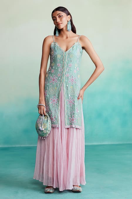 The Right Cut Blue Chanderi Mirrors, Embroidery V-neck Celestial Kutchi Kurta And Skirt Set at Aza Fashions The Right Cut_Blue Chanderi Mirrors, Embroidery V-neck Celestial Kutchi Kurta And Skirt Set _at_Aza_Fashions