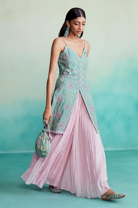 Buy The Right Cut Blue Chanderi Mirrors, Embroidery V-neck Celestial Kutchi Kurta And Skirt Set Buy_The Right Cut_Blue Chanderi Mirrors, Embroidery V-neck Celestial Kutchi Kurta And Skirt Set