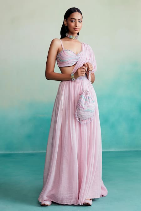 Shop The Right Cut Pink Chanderi, Linen Cut Work, Embroidery Bloomsy Draped Skirt With Hand Blouse at Aza Fashions Shop_The Right Cut_Pink Chanderi, Linen Cut Work, Embroidery Bloomsy Draped Skirt With Hand Blouse _at_Aza_Fashions