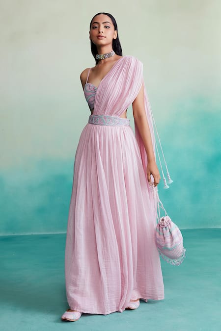 The Right Cut Pink Chanderi, Linen Cut Work, Embroidery Bloomsy Draped Skirt With Hand Blouse Online at Aza Fashions The Right Cut_Pink Chanderi, Linen Cut Work, Embroidery Bloomsy Draped Skirt With Hand Blouse _Online_at_Aza_Fashions