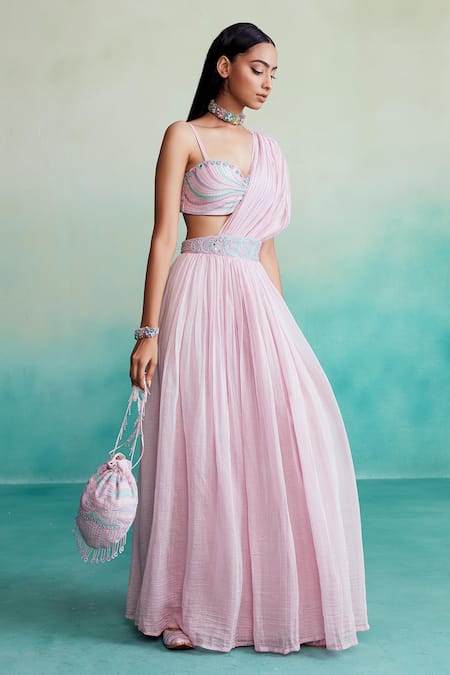 Buy The Right Cut Pink Chanderi, Linen Cut Work, Embroidery Bloomsy Draped Skirt With Hand Blouse Online at Aza Fashions Buy_The Right Cut_Pink Chanderi, Linen Cut Work, Embroidery Bloomsy Draped Skirt With Hand Blouse _Online_at_Aza_Fashions
