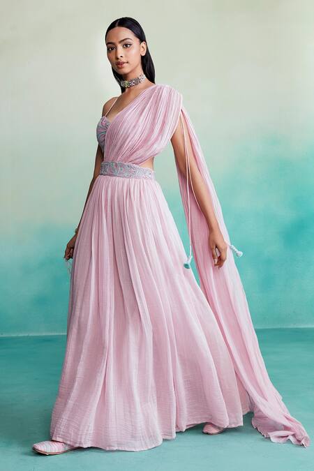 Shop The Right Cut Pink Chanderi, Linen Cut Work, Embroidery Bloomsy Draped Skirt With Hand Blouse Online at Aza Fashions Shop_The Right Cut_Pink Chanderi, Linen Cut Work, Embroidery Bloomsy Draped Skirt With Hand Blouse _Online_at_Aza_Fashions