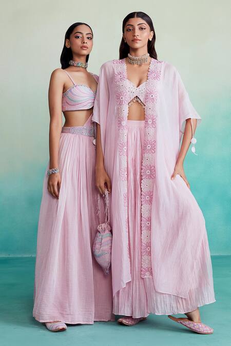 Shop The Right Cut Pink Chanderi, Linen Cut Work, Embroidery Bloomsy Draped Skirt With Hand Blouse Shop_The Right Cut_Pink Chanderi, Linen Cut Work, Embroidery Bloomsy Draped Skirt With Hand Blouse