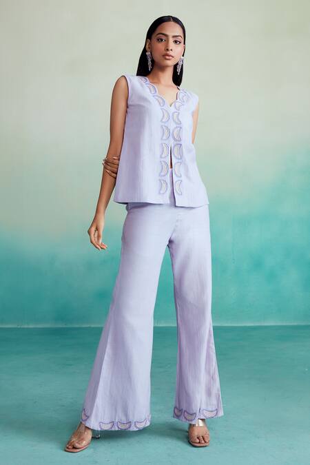 Buy The Right Cut Purple Chanderi Embroidery Scoop Neck Lavenda Moon Pant Co-ord Set Online at Aza Fashions Buy_The Right Cut_Purple Chanderi Embroidery Scoop Neck Lavenda Moon Pant Co-ord Set _Online_at_Aza_Fashions