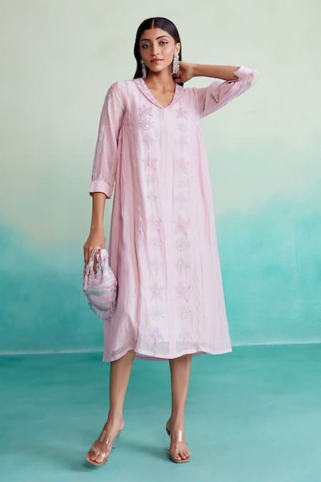 The Right Cut Pink Chanderi, Cotton Embroidery Collared Blushine Dress 