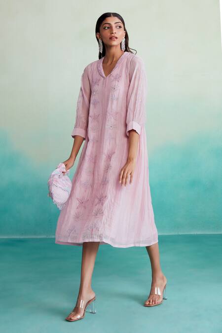The Right Cut_Pink Chanderi, Cotton Embroidery Collared Blushine Dress _Online_at_Aza_Fashions