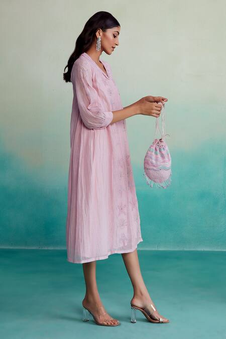 Buy_The Right Cut_Pink Chanderi, Cotton Embroidery Collared Blushine Dress _Online_at_Aza_Fashions