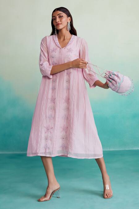Shop_The Right Cut_Pink Chanderi, Cotton Embroidery Collared Blushine Dress _Online_at_Aza_Fashions